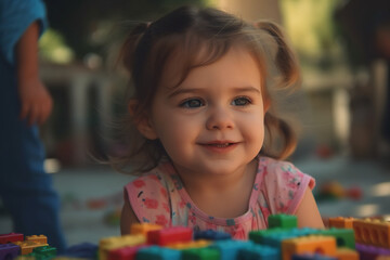Little Builder. Adorable toddler giggling and playing with a colorful set of toy brick blocks. Creativity and imagination concept. AI Generative