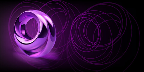 Abstract background with a figure made of two shiny metal rings of purple color and a outlines of geometric shapes on a dark background