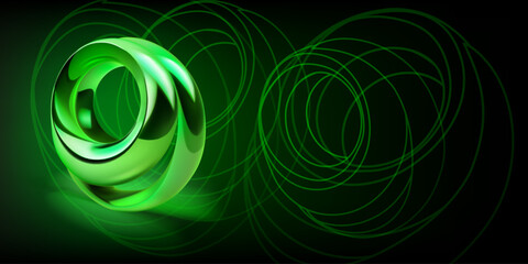 Abstract background with a figure made of two shiny metal rings of green color and a outlines of geometric shapes on a dark background