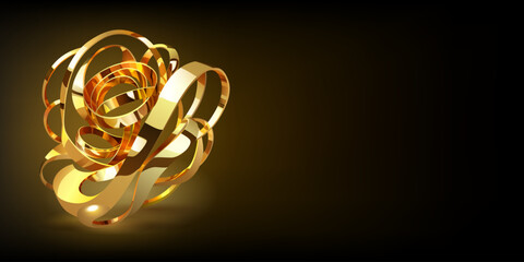 Abstract background with a figure made of intertwined golden shiny metallic ribbons on a dark background