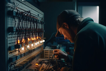 Expert Electrician. An experienced electrician skillfully installing complex wiring and fixtures, ensuring the safety and efficiency of electrical systems. Electrical installation and repair concept. 