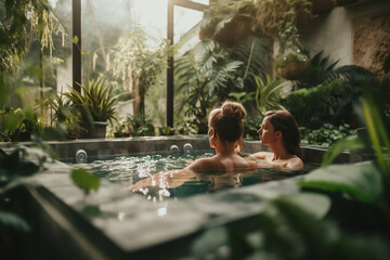 Romantic Spa Getaway. A couple enjoying a relaxing hydrotherapy bath surrounded by lush plants and an interior garden. Serene and intimate atmosphere. Wellness and relaxation concept. AI Generative - obrazy, fototapety, plakaty