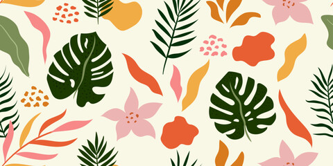 Abstract seamless pattern with palm leaves and other tropical plants. Summer vector decor