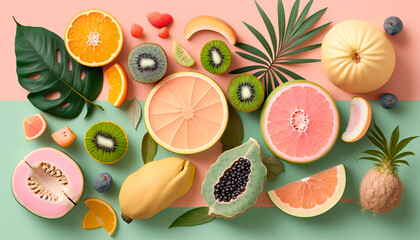 Tropical fruits on pastel background. Summer fruits. Generative AI