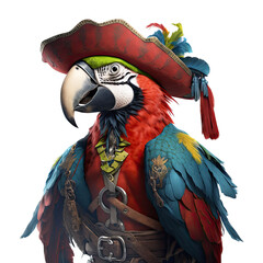 Fototapeta premium a pirate-themed photographic illustration of a green and red macaw parrot bird wearing a pirate hat in character on a transparent background in PNG. T-shirt design. Generative AI