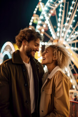 A young man and woman in front of amusement park lights at night by generative AI