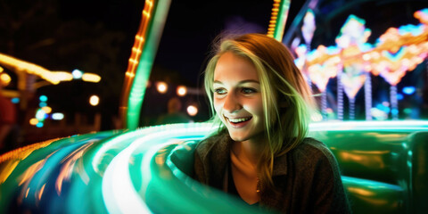 Happy young blond woman on an amusement park ride at night by generative AI