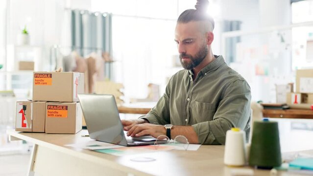 Business man, typing and laptop for box logistics, shipping or planning for ecommerce delivery time. Entrepreneur, dropshipping and businessman with computer for schedule, strategy and check watch