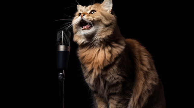 Cat making people laugh on stage, standup show.  a cat with microphone in a hard hard telling jokes at a comedy club. generative AI.