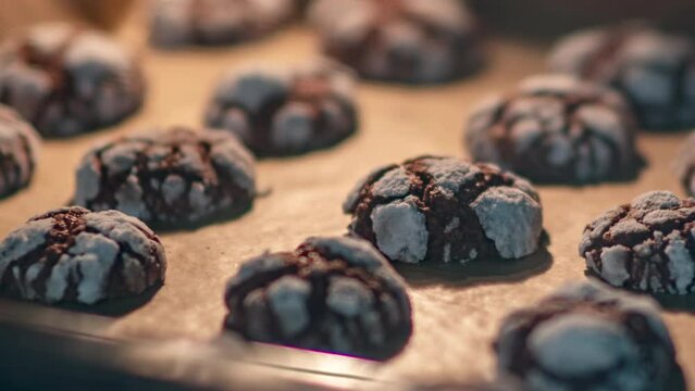 Freshly baked chocolate cocoa cookies in the oven