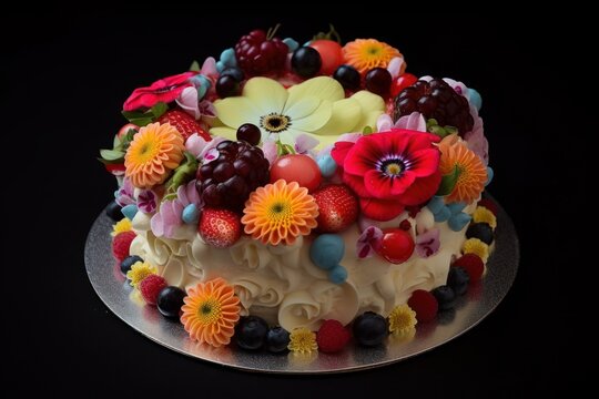 a freshly made cake surrounded completely by edible flowers and red fruits on top, Generative AI