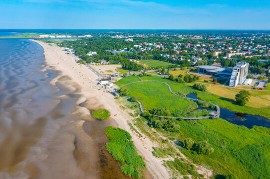 Panorama view of beach and coastal meadow hking trail at PГ&curren;rnu, Estonia