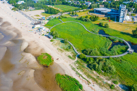 Panorama view of beach and coastal meadow hking trail at PГ&curren;rnu, Estonia