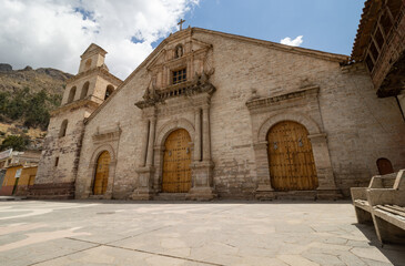 HUANCAVELICA, PERU - SEPTEMBER 28, 2021: San Sebastian Church located in the Bolognesi square of...