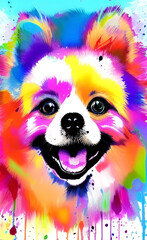 Illustration a Pomeranian dog, portrait of a smiling, pop art style in bright colors