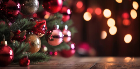 Fototapeta na wymiar Soft Focus Christmas Decorations with Bokeh Lights and Tree