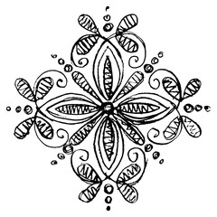 Geometrical vintage ornament with floral motifs. Hand drawn linear doodle rough sketch. Black silhouette on white background.