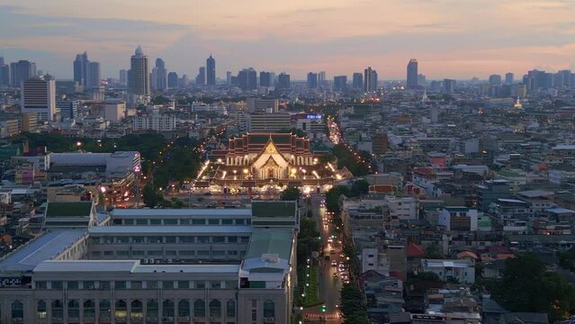 bangkok buddhist temple Loha Prasat. Wonderful aerial view flight drone