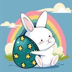 Obraz na płótnie Canvas Happy Easter, decorated easter card, banner. Bunnies, Easter eggs, flowers and basket. Folk style patterned design. . Vector illustration