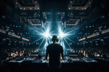 Electrifying Beats. DJ on stage with vibrant lighting and enthusiastic audience in an ultra-wide angle shot. Music and entertainment concept. AI Generative - obrazy, fototapety, plakaty