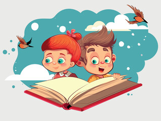 Happy kids and book. Children reading a book Back to School Concept . Vector illustration