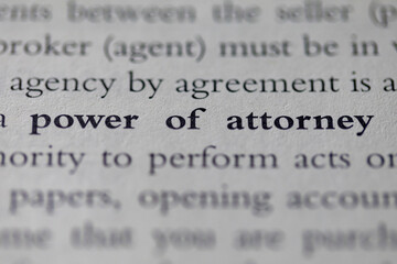 power of attorney POA printed in text on page as visual aid or business law reference