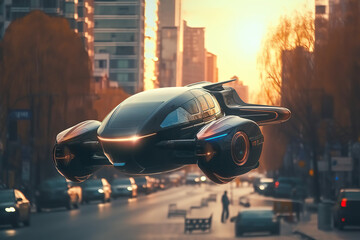 Sky Cruiser. Flying cars: a sleek, futuristic flying car soaring over a city road. Innovation and technology concept. AI Generative