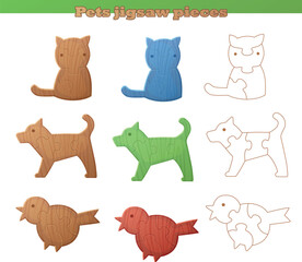 Wooden animal shaped puzzle design. Vector template of jigsaw game for kid education, simple puzzle pieces of cat, dog and bird for children activity, cute wood toys illustration