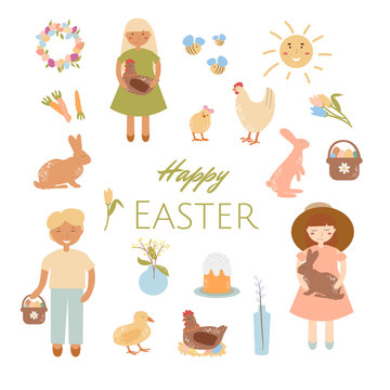 Happy easter spring clipart children, rabbits, hens, flowers, elements vector illustration