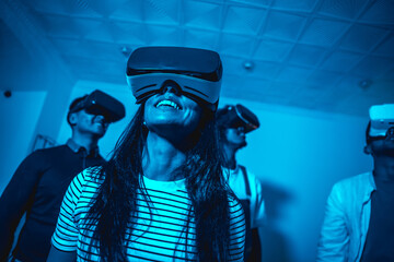 Group of young people with vr glasses in a virtual reality game in a blue light, futuristic or science, technology concept, playing together at home