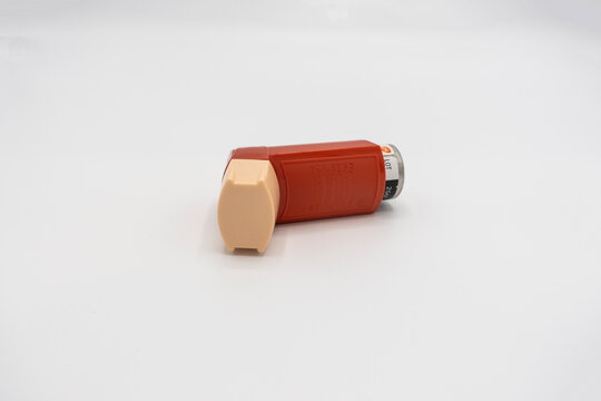 Seattle, WA USA - circa December 2022: Selective focus on a Flovent inhaler on a white background.