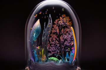 abstract small dome made of glass, inside a small glowing forest, very nice deco object created with Generative AI technology