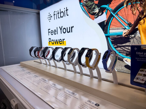 Seattle, WA USA - circa January 2023: close up view of Fitbit products for sale inside a Best Buy store.