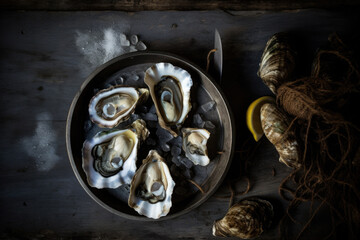 Fresh Oysters on Rustic Wooden Table