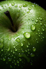 Macro Shot of Delicious Green Organic Apple with Water Drops