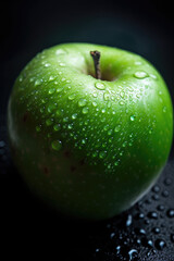Macro Shot of Delicious Green Organic Apple with Water Drops