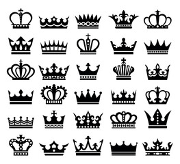 Crown icons set. Collection of luxury logo. Aristocracy, kingdom and monarchy, symbol of government and royal family. King and queen. Cartoon flat vector illustrations isolated on white background