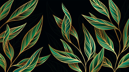 Gold line leaves. Luxurious plant branches on dark background. Modern art deco wallpaper. Blossom and botanical. Fashion textile pattern for banners and covers. Cartoon flat vector illustration