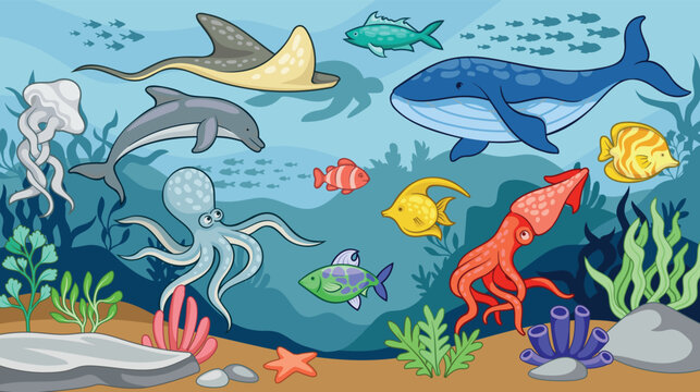 Sea ecosystem concept. Whale and dolphin, octopus, squid, jellyfish and fish underwater. Maritime representatives. Sea and ocean wildlife and fauna. Marine life. Cartoon flat vector illustration
