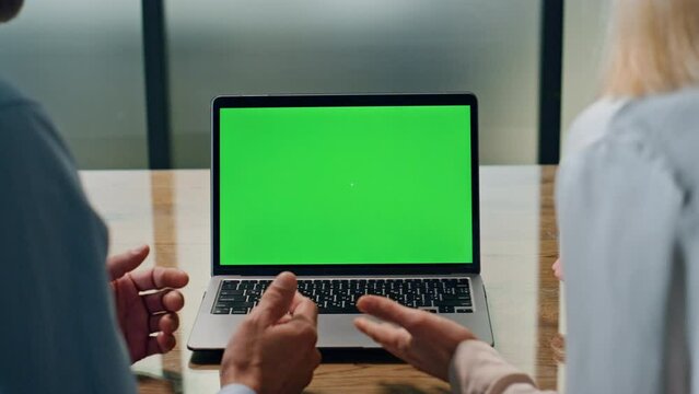 Coworkers hands gesturing green screen computer office. Unknown partners working