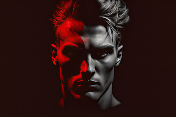 man with short hair and serious facial expression, one half of face is colored red created with Generative AI technology