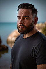 Obraz premium man with gelled hair and well-groomed full beard, wearing a gray shirt with ribbed pattern created with Generative AI technology