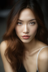 beautiful young woman with asian features, she has long brown hair and brown eyes created with Generative AI technology