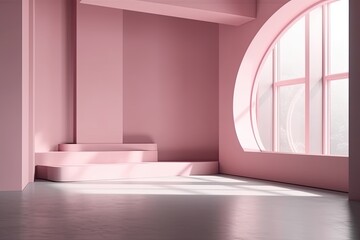 pink room with circular window and stairs. Generative AI