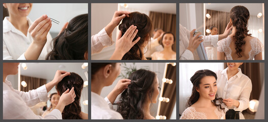 Hair styling process. Collage with photos of hairdresser and woman in salon
