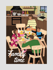 People in everyday. Man and woman with their son and daughter sitting at table with vegetables and meat. Happy family at lunch and dinner. Parents with children. Cartoon flat vector illustration