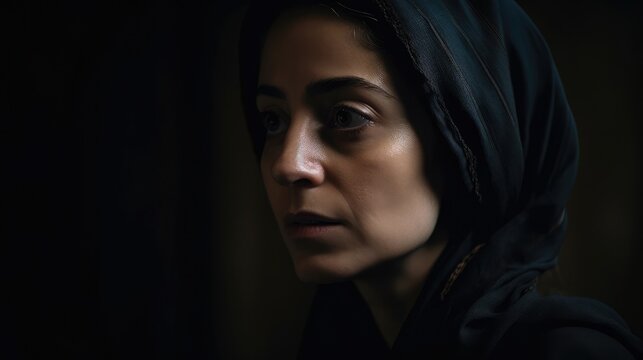 Sad middle eastern young woman wearing a chador in a dark environment. Generative AI