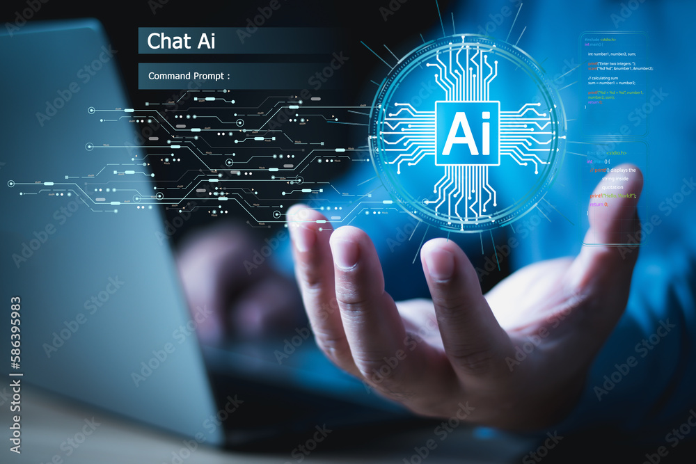 Fototapete Businessman show virtual graphic Global Internet connect Chat Ai Chat with AI, Artificial Intelligence. using command prompt for generates something, Futuristic technology transformation. Ai tech
