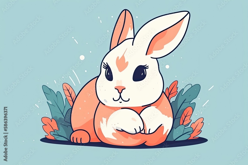 Sticker cute rabbit surrounded by autumn leaves. Generative AI