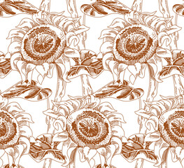 Sunflower flowers with stem and leaves. Engraved vintage style. Vector seamless pattern - 586396384